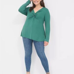 Lane Bryant Green Swing V Neck Twist-Front Pullover Long Sleeve Top